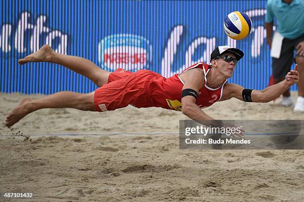 Janis Smedins at Latvia in action during the final match against Markus Bockermann and Lars Fluggen of Germany at the FIVB Beach Volleyball World...