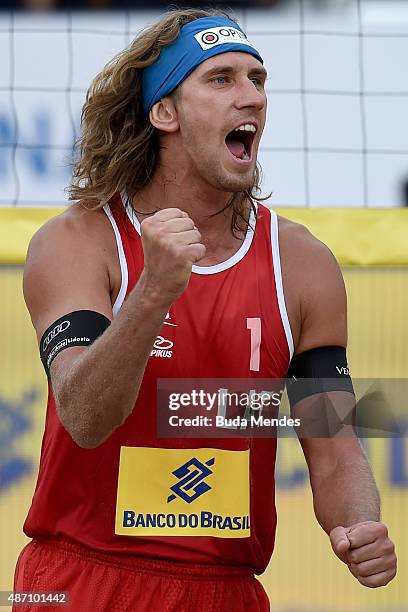 Aleksandrs Samoilovs at Latvia celebrates a point during the final match against Markus Bockermann and Lars Fluggen of Germany at the FIVB Beach...