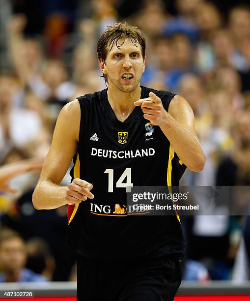 Dirk Nowitzki of Germany celebrates during the FIBA EuroBasket 2015 Group B basketball match between Serbia and Germany at Arena of EuroBasket 2015...