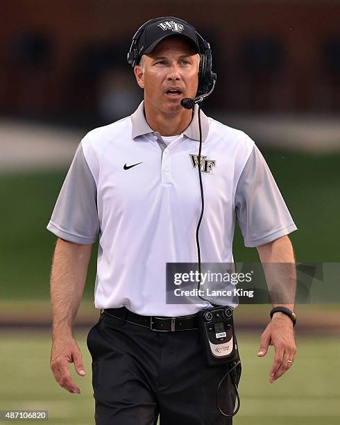 Head Coach Dave Clawson of the Wake Forest Demon Deacons looks on during their game against the Elon Phoenix at BB&T Field on September 3, 2015 in...