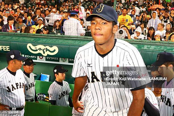 Outfielder Louis Okoye of Japan reacts after losing in the Gold Medal game between Japan and USA during the 2015 WBSC U-18 Baseball World Cup at the...