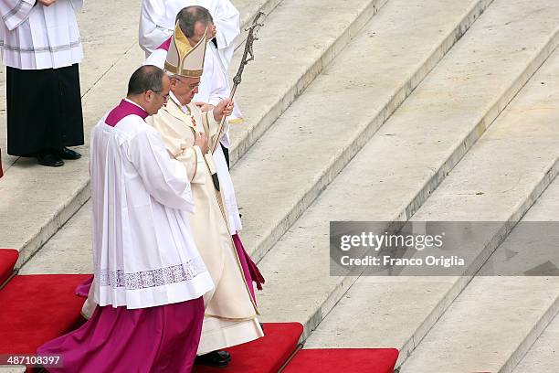 Pope Francis leads the Canonization Mass in which John Paul II and John XXIII are to be declared saints on April 27, 2014 in Vatican City, Vatican....