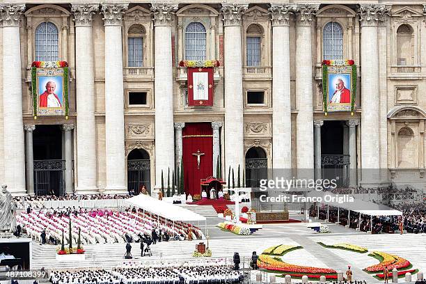 General view of the atmosphere in St. Peter's Square as Pope Francis leads the Canonization Mass in which John Paul II and John XXIII are to be...