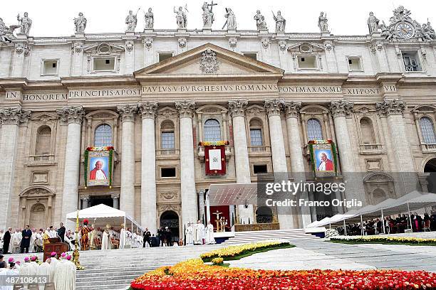 General view of the atmosphere in St. Peter's Square as Pope Francis leads the Canonization Mass in which John Paul II and John XXIII are to be...