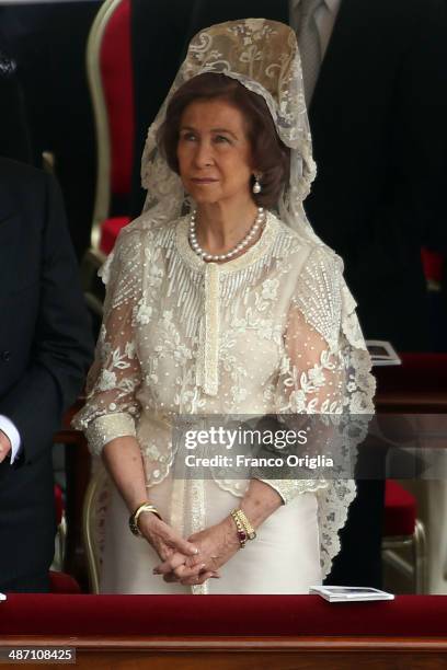 Queen Sofia of Spain attends the Canonization Mass in which John Paul II and John XXIII are to be declared saints on April 27, 2014 in Vatican City,...