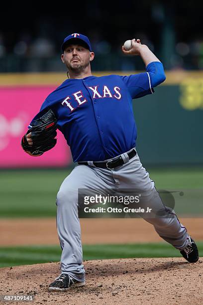 Starting pitcher Matt Harrison of the Texas Rangers pitches in the third inning against the Seattle Mariners at Safeco Field on April 27, 2014 in...