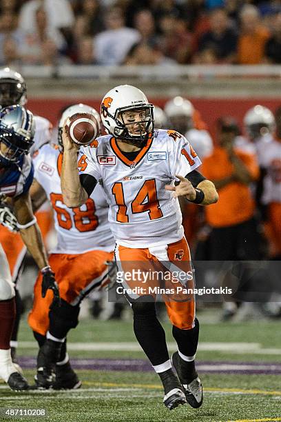 Travis Lulay of the BC Lions runs with the ball during the CFL game against the Montreal Alouettes at Percival Molson Stadium on September 3, 2015 in...