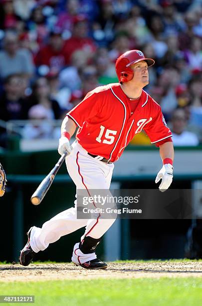 Nate McLouth of the Washington Nationals hits a home run in the eighth inning against the San Diego Padres at Nationals Park on April 27, 2014 in...