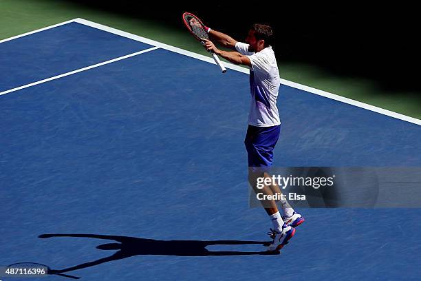 Marin Cilic of Croatia celebrates after defeating Jeremy Chardy of France in their Men's Singles Fourth Round match on Day Seven of the 2015 US Open...