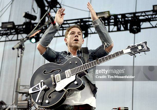 Mikel Jollett of The Airborne Toxic Event performs during Riot Fest at the National Western Complex on August 28, 2015 in Denver, Colorado.