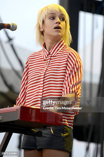 Anna Bulbrook of The Airborne Toxic Event performs during Riot Fest at the National Western Complex on August 28, 2015 in Denver, Colorado.