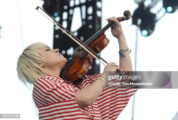 Anna Bulbrook of The Airborne Toxic Event performs during Riot Fest at the National Western Complex on August 28, 2015 in Denver, Colorado.