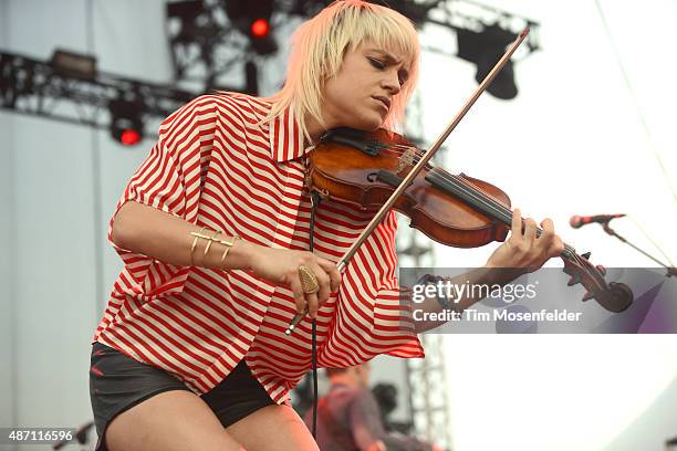 Anna Bulbrook of The Airborne Toxic Event performs during Riot Fest at the National Western Complex on August 28, 2015 in Denver, Colorado.