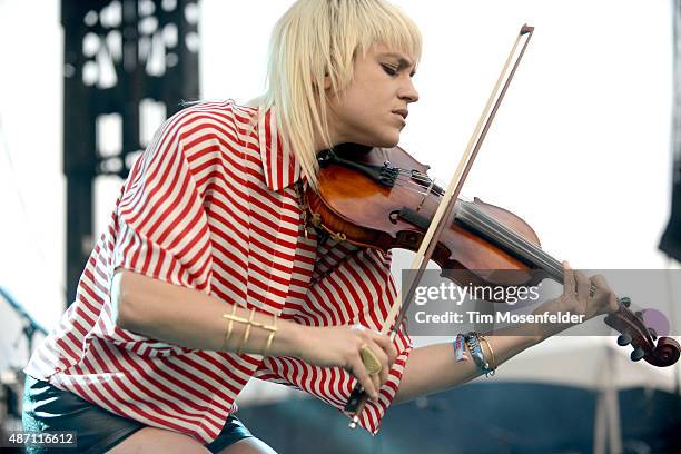 Anna Bulbrook of The Airborne Toxic Event performs during Riot Fest at the National Western Complex on August 28, 2015 in Denver, Colorado.