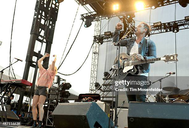 Anna Bulbrook and Mikel Jollett of The Airborne Toxic Event perform during Riot Fest at the National Western Complex on August 28, 2015 in Denver,...