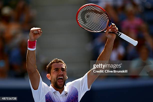 Marin Cilic of Croatia celebrates after defeating Jeremy Chardy of France in their Men's Singles Fourth Round match on Day Seven of the 2015 US Open...