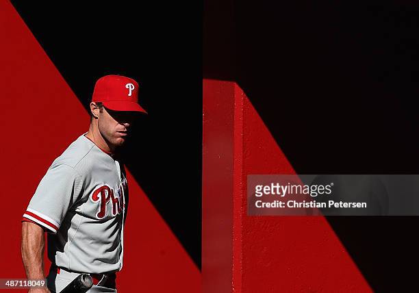 Jayson Nix of the Philadelphia Phillies leaves the dugout after defeating the Arizona Diamondbacks in the MLB game at Chase Field on April 27, 2014...