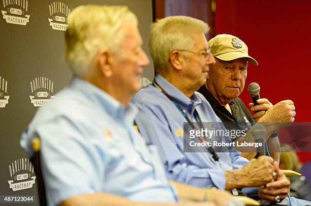 Hall of Famers Bobby Allison, Leonard Wood and Jack Ingram speak with the media at a press conference prior to the NASCAR Sprint Cup Series...