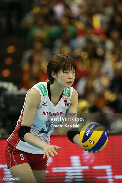 Saori Kimura of Japan serves the ball in the match between Japan and China during the FIVB Women's Volleyball World Cup Japan 2015 at Nippon Gaishi...