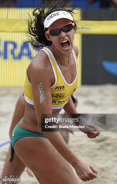 Talita Antunes of Brazil celebrates after winning her Rio Open women's beach volleyball final match against compatriots Agatha Bednarczuk and Barbara...