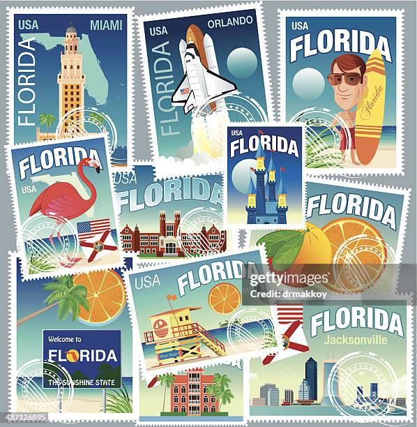 florida stamps - west palm beach florida landmarks stock illustrations