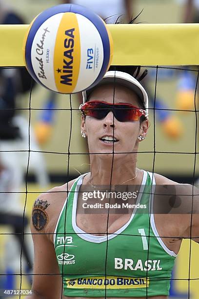 Agatha Bednarczuk of Brazil in action during final match against Larissa Franca and Talita Antunes at the FIVB Beach Volleyball World Tour Rio Open...