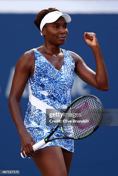 Venus Williams of the United States celebrates after defeating Anett Kontaveit of Estonia in their Women's Singles Fourth Round match on Day Seven of...