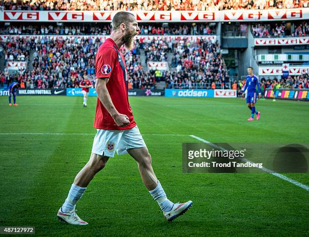 Jo Inge Berget of Norway celebrates after scoring a goal during the EURO 2016 Qualifier between Norway and Croatia at the Ullevaal Stadion on...
