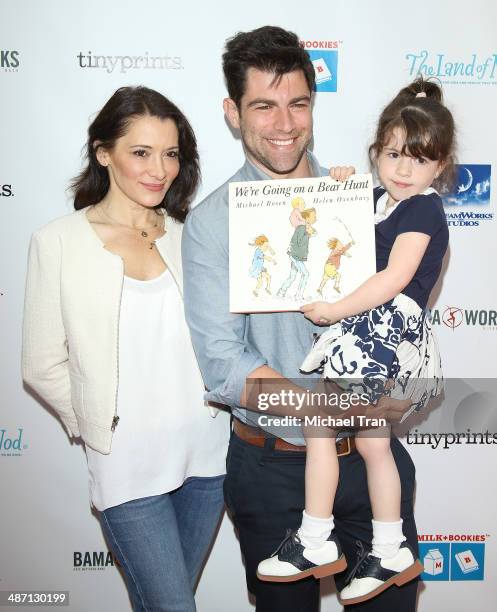 Max Greenfield , wife Tess Sanchez and daughter Lily arrive at the Milk + Bookies Story Time Celebration held at Skirball Cultural Center on April...