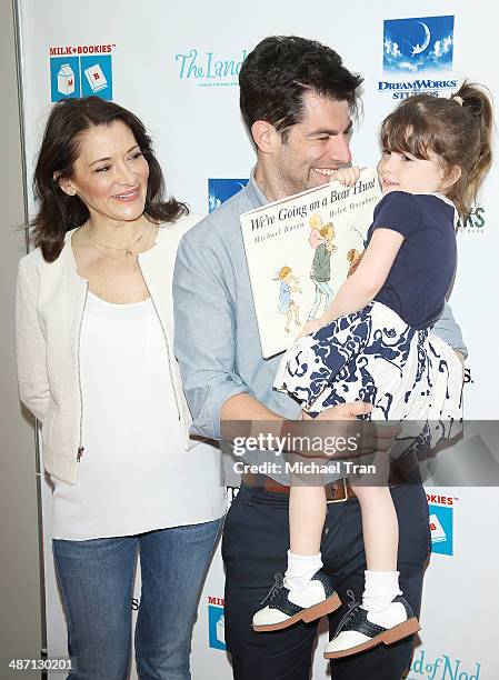 Max Greenfield , wife Tess Sanchez and daughter Lily arrive at the Milk + Bookies Story Time Celebration held at Skirball Cultural Center on April...