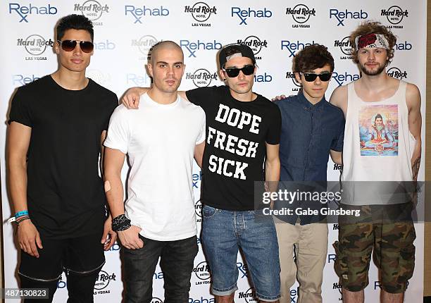 Singers Siva Kaneswaran, Max George, Tom Parker, Nathan Sykes and Jay McGuiness of The Wanted arrive at the Hard Rock Hotel & Casino during the...