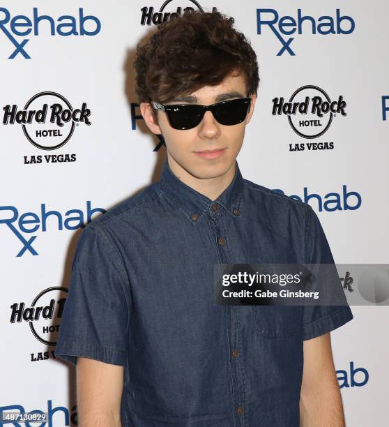 Singer Nathan Sykes of The Wanted arrives at the Hard Rock Hotel & Casino during the resort's Rehab pool party on April 27, 2014 in Las Vegas, Nevada.