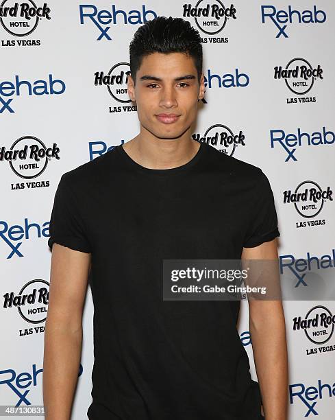 Singer Siva Kaneswaran of The Wanted arrives at the Hard Rock Hotel & Casino during the resort's Rehab pool party on April 27, 2014 in Las Vegas,...