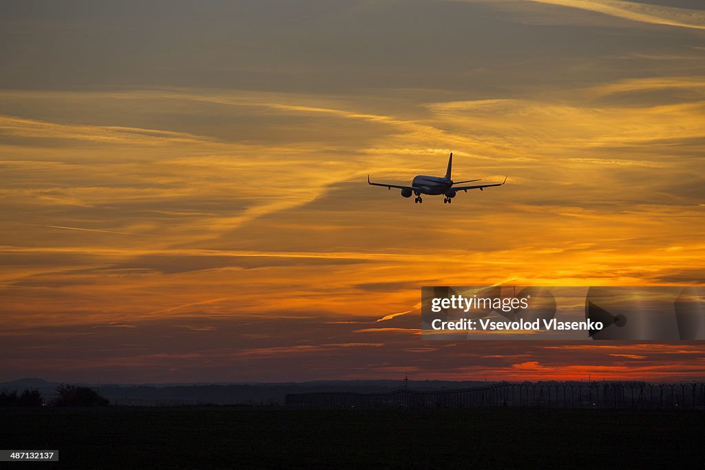 Airplane landing at sunset time