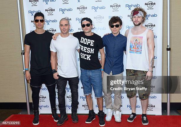 Singers Siva Kaneswaran, Max George, Tom Parker, Nathan Sykes and Jay McGuiness of The Wanted arrive at the Hard Rock Hotel & Casino during the...
