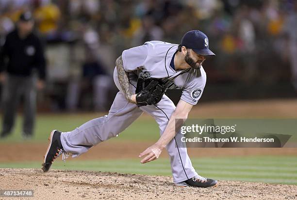 Joe Beimel of the Seattle Mariners pitches against the Oakland Athletics in the bottom of the ninth inning at O.co Coliseum on September 5, 2015 in...