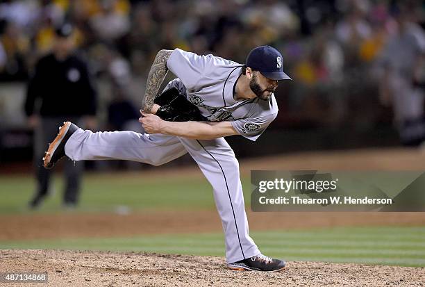 Joe Beimel of the Seattle Mariners pitches against the Oakland Athletics in the bottom of the ninth inning at O.co Coliseum on September 5, 2015 in...