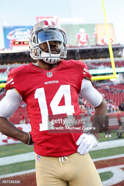 Jerome Simpson of the San Francisco 49ers stands on the field prior to the game against the San Diego Chargers at Levi Stadium on September 3, 2015...