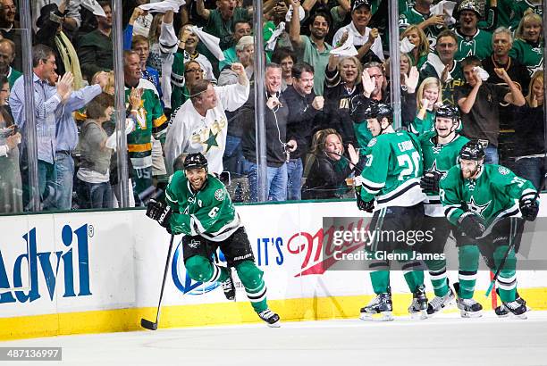 Trevor Daley, Cody Eakin, Antoine Roussel and Alex Goligoski of the Dallas Stars celebrate a goal against the Anaheim Ducks in Game Six of the First...