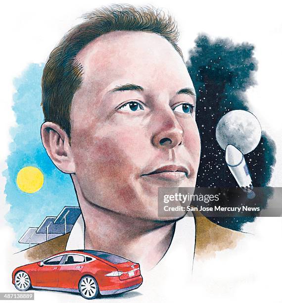 Dpi Doug Griswold illustration of Elon Musk, head of Tesla Motors and SpaceX.