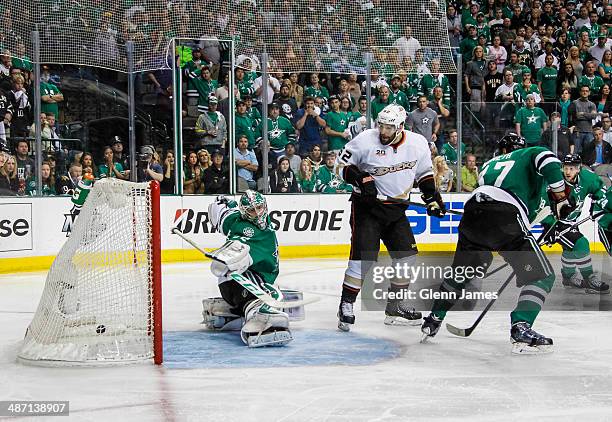 Kari Lehtonen of the Dallas Stars has the game winning overtime shot get past him against the Anaheim Ducks in Game Six of the First Round of the...