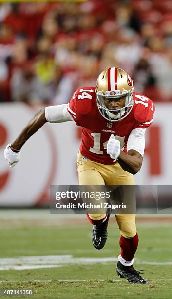 Jerome Simpson of the San Francisco 49ers runs a route during the game against the San Diego Chargers at Levi Stadium on September 3, 2015 in Santa...