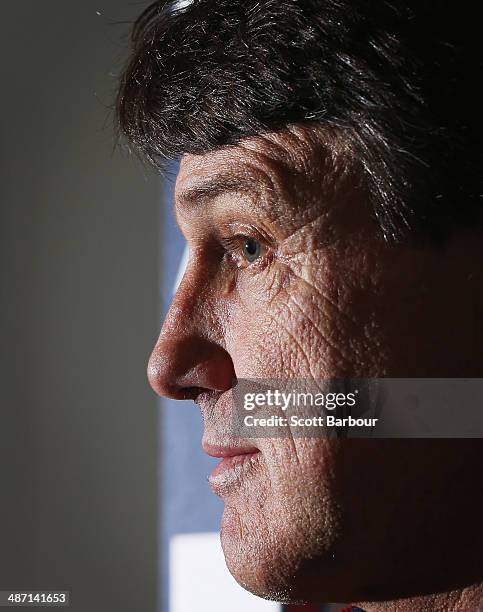 Demons AFL coach Paul Roos speaks to the media during a Melbourne Demons AFL press conference at AAMI Park on April 28, 2014 in Melbourne, Australia.