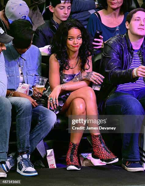 Rihanna attends the Toronto Raptors vs Brooklyn Nets playoff game at Barclays Center on April 27, 2014 in New York City.