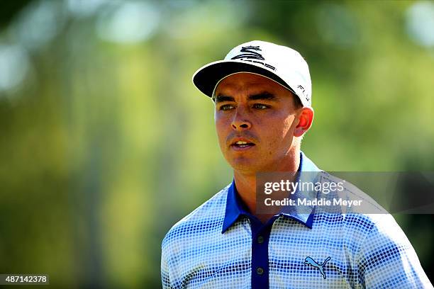 Rickie Fowler walks of the seventh green during round three of the Deutsche Bank Championship at TPC Boston on September 6, 2015 in Norton,...