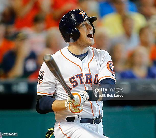 Jed Lowrie of the Houston Astros hits a grand slam in the seventh inning against the Minnesota Twins at Minute Maid Park on September 6, 2015 in...