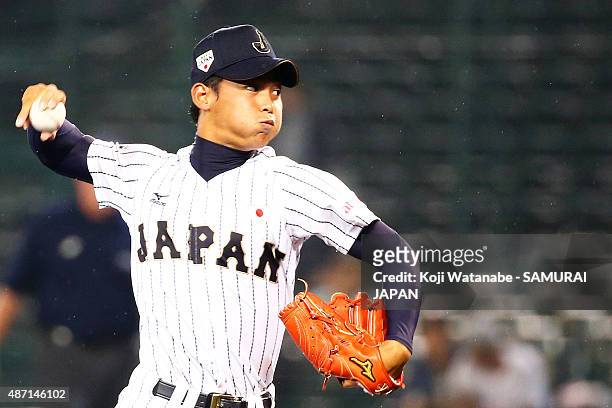 Pitcher Shotaro Ueno pitches in the top half of the sixth inning in the Bronze Medal/Gold Medal game between Japan and USA during the 2015 WBSC U-18...