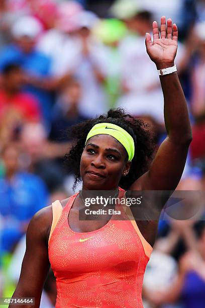 Serena Williams of the United States celebrates after defeating Madison Keys of the United States during their Women's Singles Fourth Round match on...