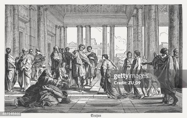 roman emperor trajan at public audiences, published in 1878 - neo classical stock illustrations