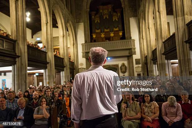 Jeremy Corbyn, MP for Islington North and candidate in the Labour Party leadership election, speaks to supporters at Great St Mary's church on...